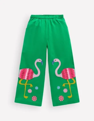 Applique Pull-on Pants Green Flamingos