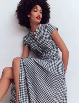 Arabella Linen Blend Dress Navy Gingham