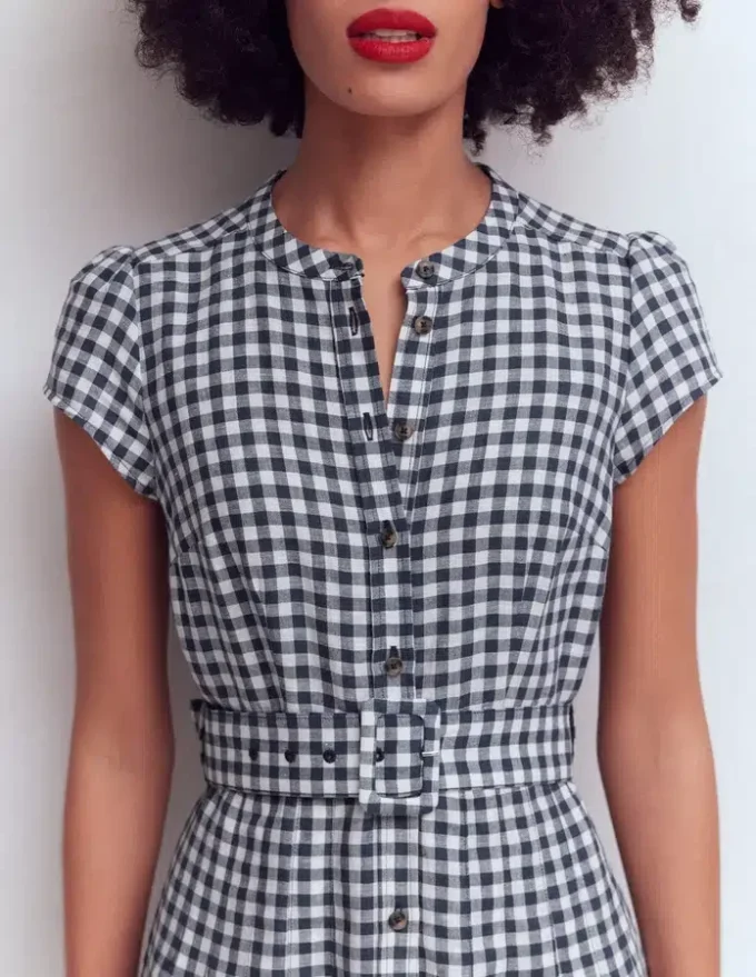 Arabella Linen Blend Dress Navy Gingham
