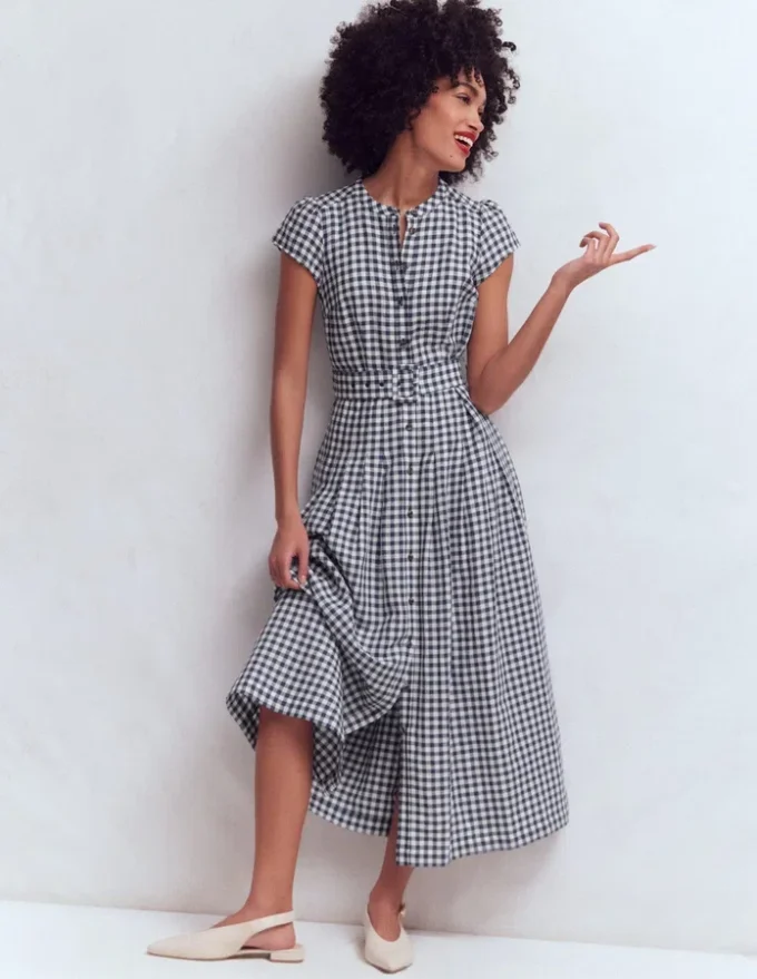 Arabella Linen Blend Dress Navy Gingham
