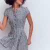 Arabella Linen Blend Dress Navy Gingham