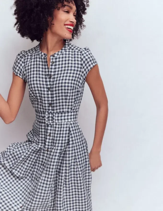 Arabella Linen Blend Dress Navy Gingham