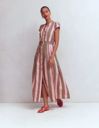 Arabella Linen Blend Dress Pink, Rich Emerald Stripe