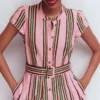 Arabella Linen Blend Dress Pink, Rich Emerald Stripe Arabella Linen Blend Dress Pink, Rich Emerald Stripe