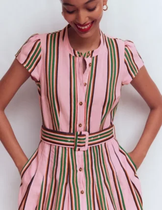 Arabella Linen Blend Dress Pink, Rich Emerald Stripe