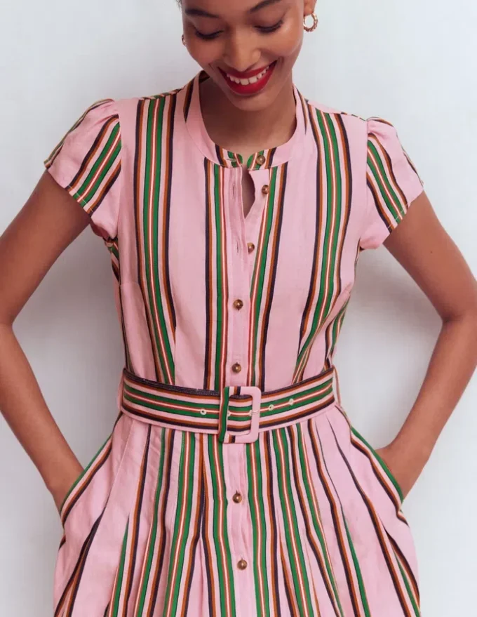 Arabella Linen Blend Dress Pink, Rich Emerald Stripe Arabella Linen Blend Dress Pink, Rich Emerald Stripe