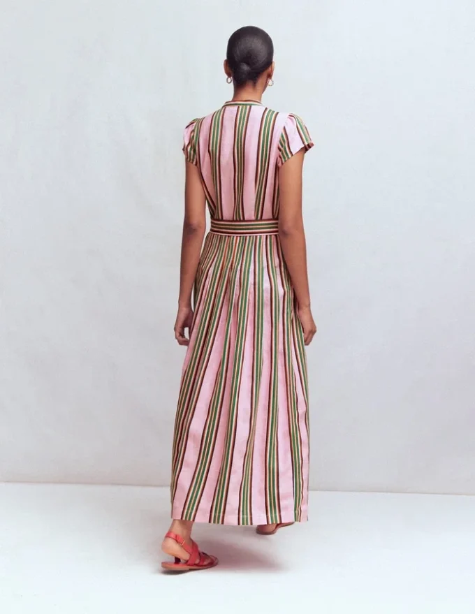 Arabella Linen Blend Dress Pink, Rich Emerald Stripe Arabella Linen Blend Dress Pink, Rich Emerald Stripe