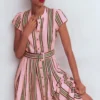Arabella Linen Blend Dress Pink, Rich Emerald Stripe Arabella Linen Blend Dress Pink, Rich Emerald Stripe