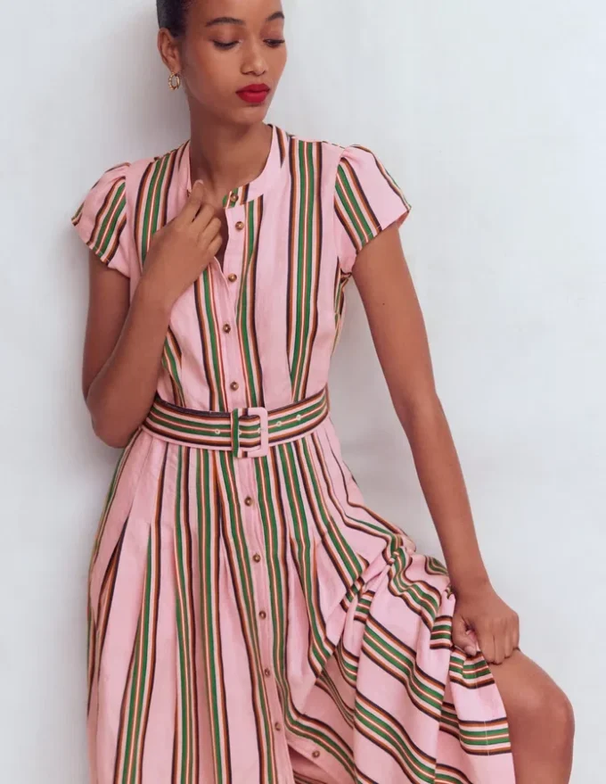 Arabella Linen Blend Dress Pink, Rich Emerald Stripe Arabella Linen Blend Dress Pink, Rich Emerald Stripe