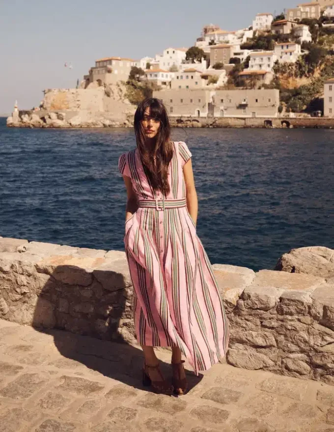 Arabella Linen Blend Dress Pink, Rich Emerald Stripe Arabella Linen Blend Dress Pink, Rich Emerald Stripe