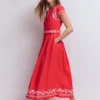 Arabella Linen Blend Dress Red Embroidery Arabella Linen Blend Dress Red Embroidery
