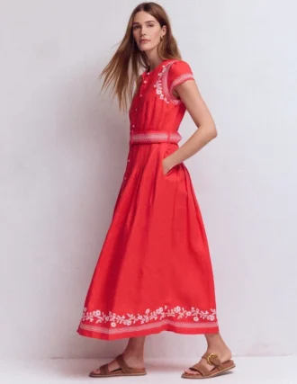 Arabella Linen Blend Dress Red Embroidery
