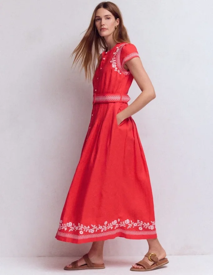 Arabella Linen Blend Dress Red Embroidery Arabella Linen Blend Dress Red Embroidery