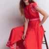 Arabella Linen Blend Dress Red Embroidery Arabella Linen Blend Dress Red Embroidery