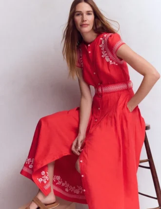 Arabella Linen Blend Dress Red Embroidery