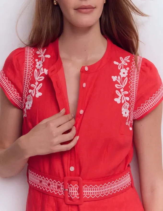 Arabella Linen Blend Dress Red Embroidery Arabella Linen Blend Dress Red Embroidery