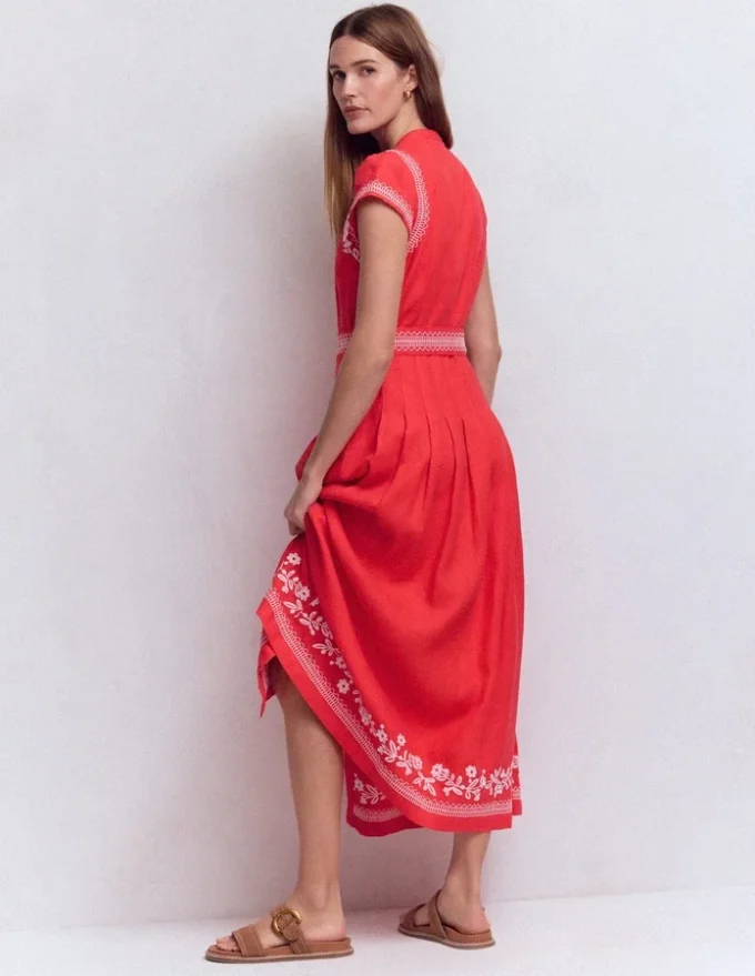 Arabella Linen Blend Dress Red Embroidery Arabella Linen Blend Dress Red Embroidery