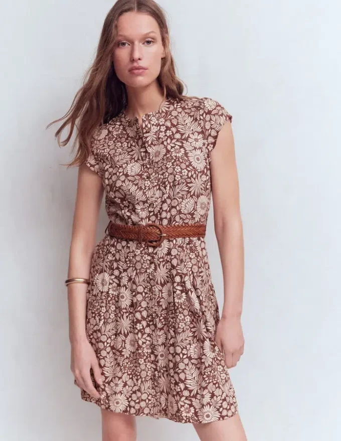 Arabella Short Linen Dress Brown Flowerbed Bloom Arabella Short Linen Dress Brown Flowerbed Bloom