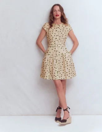 Arabella Short Linen Dress Ivory Painted Dot Spaced