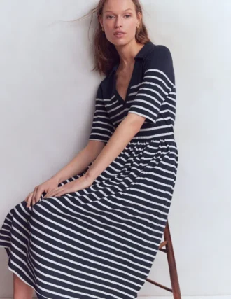 Aria Collared Jersey Dress Navy, Ivory Stripe