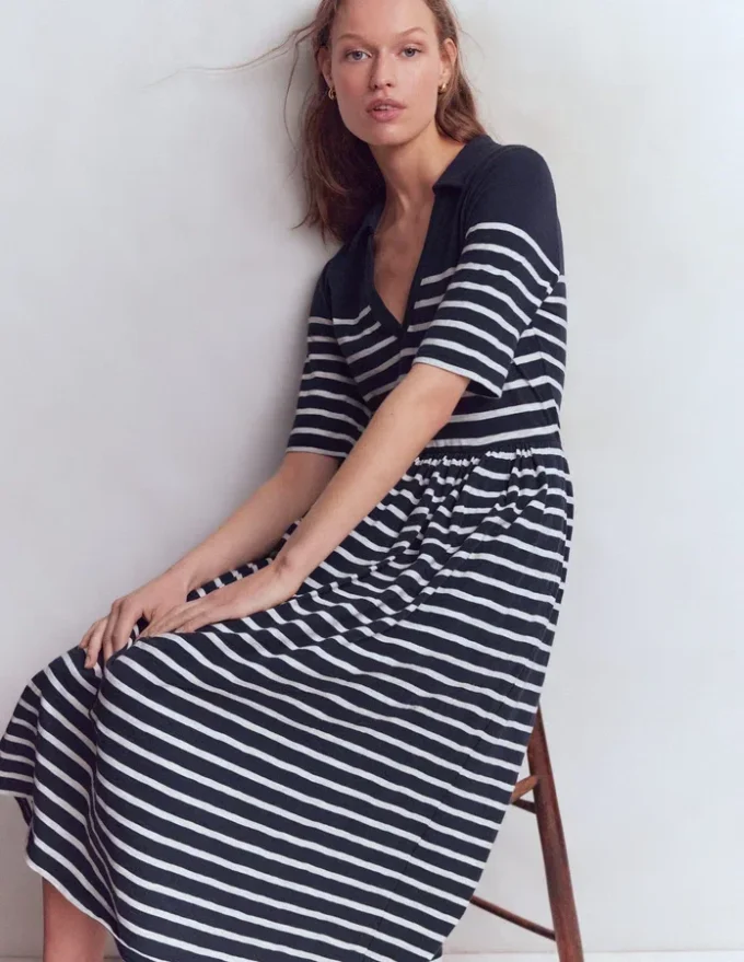 Aria Collared Jersey Dress Navy, Ivory Stripe Aria Collared Jersey Dress Navy, Ivory Stripe