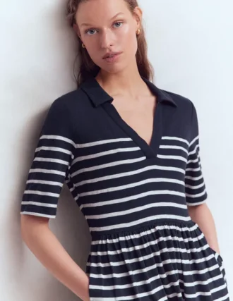 Aria Collared Jersey Dress Navy, Ivory Stripe