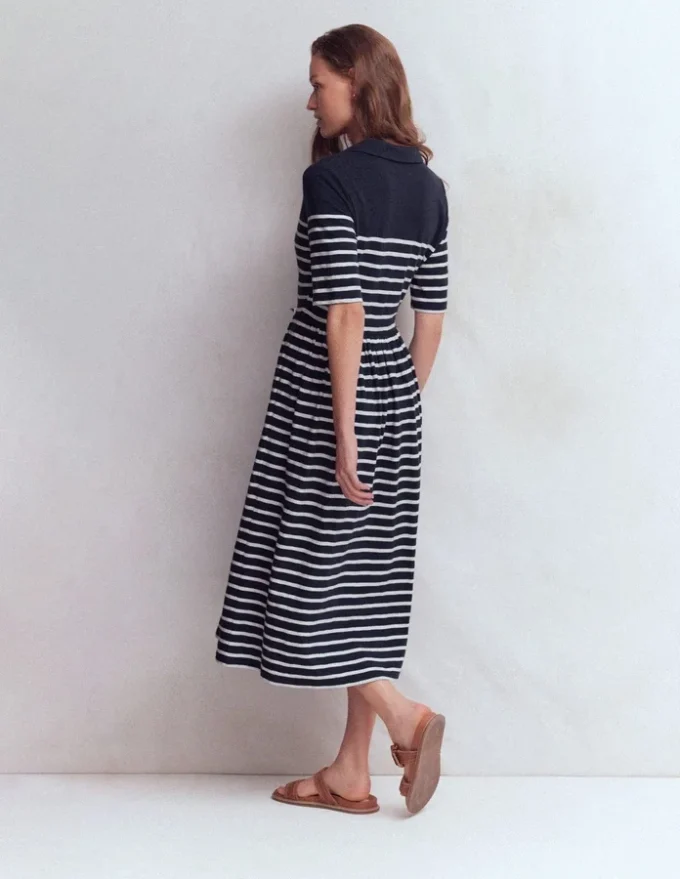 Aria Collared Jersey Dress Navy, Ivory Stripe Aria Collared Jersey Dress Navy, Ivory Stripe