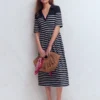 Aria Collared Jersey Dress Navy, Ivory Stripe Aria Collared Jersey Dress Navy, Ivory Stripe