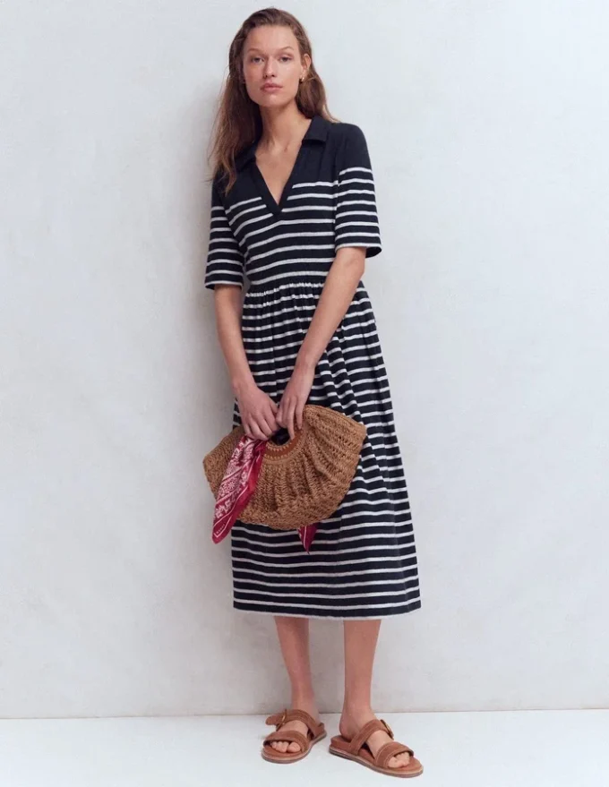 Aria Collared Jersey Dress Navy, Ivory Stripe Aria Collared Jersey Dress Navy, Ivory Stripe