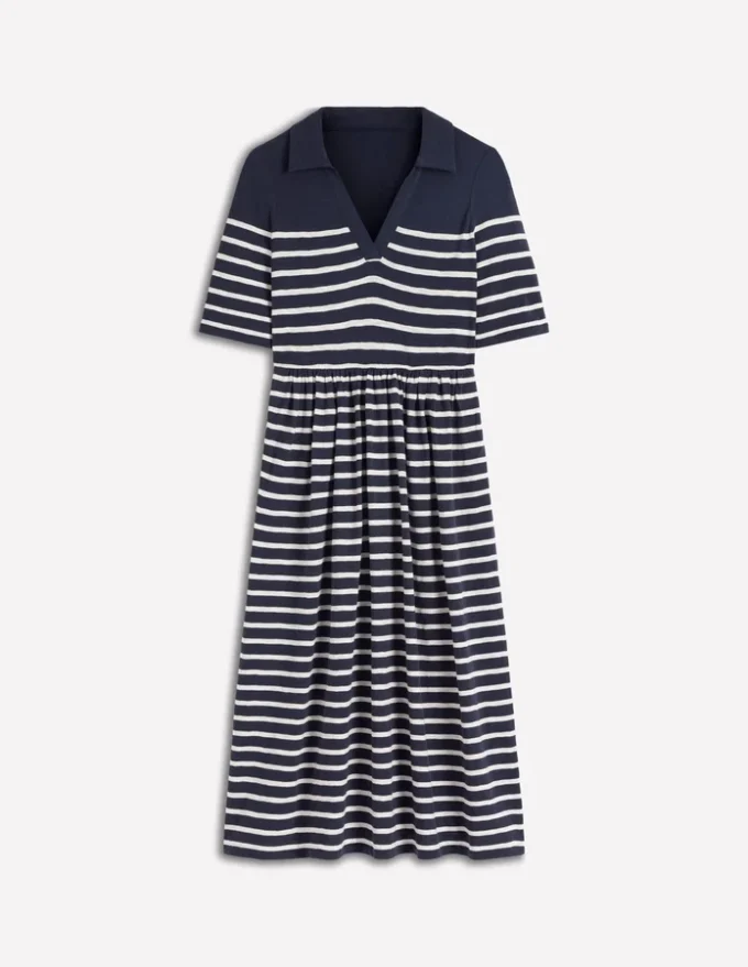 Aria Collared Jersey Dress Navy, Ivory Stripe Aria Collared Jersey Dress Navy, Ivory Stripe