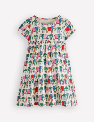 Ariel Twirly Jersey Dress Multi Elephant Woodblock