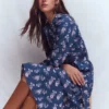 Ava Cotton Midi Dress Denim Blue, Blossomy Sprig Ava Cotton Midi Dress Denim Blue, Blossomy Sprig