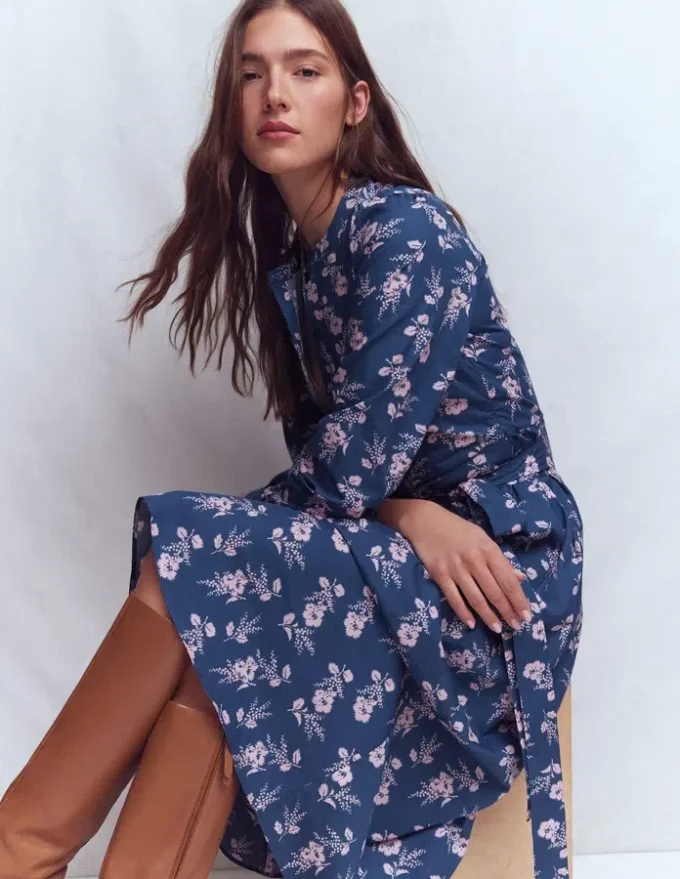 Ava Cotton Midi Dress Denim Blue, Blossomy Sprig Ava Cotton Midi Dress Denim Blue, Blossomy Sprig