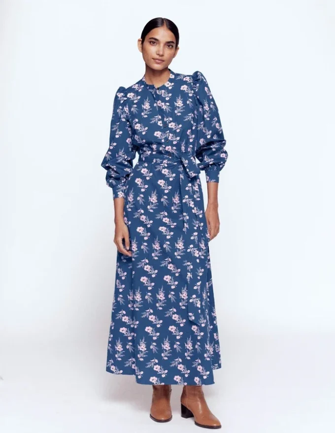 Ava Cotton Midi Dress Denim Blue, Blossomy Sprig Ava Cotton Midi Dress Denim Blue, Blossomy Sprig