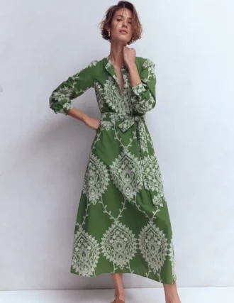 Ava Cotton Midi Dress Green Broderie
