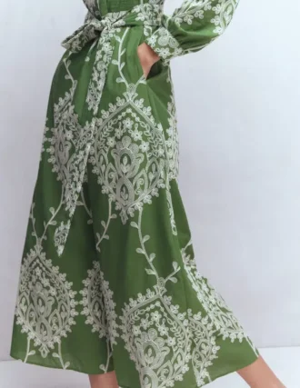 Ava Cotton Midi Dress Green Broderie
