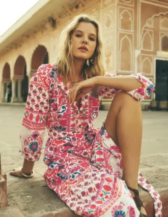 Ava Cotton Midi Dress Pink Flourishing Meadow Border