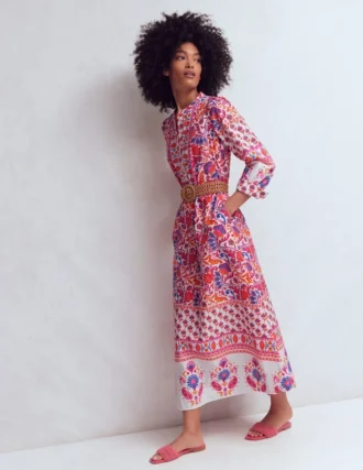 Ava Cotton Midi Dress Pink Flourishing Meadow Border