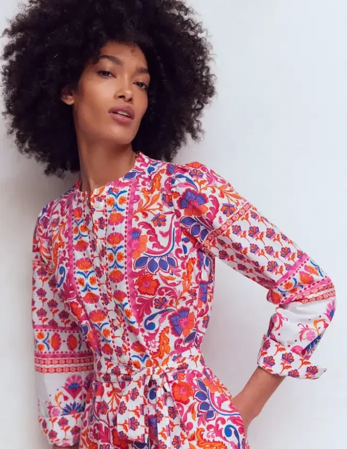 Ava Cotton Midi Dress Pink Flourishing Meadow Border Ava Cotton Midi Dress Pink Flourishing Meadow Border