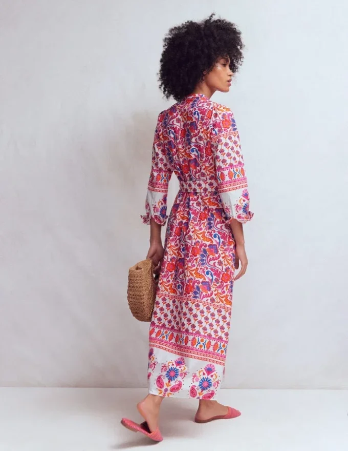 Ava Cotton Midi Dress Pink Flourishing Meadow Border Ava Cotton Midi Dress Pink Flourishing Meadow Border