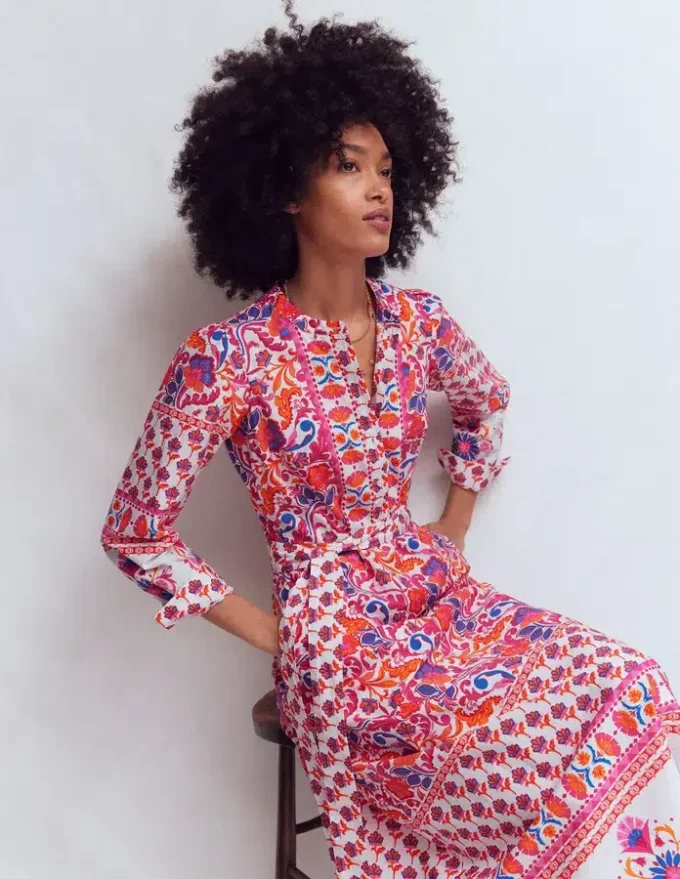 Ava Cotton Midi Dress Pink Flourishing Meadow Border Ava Cotton Midi Dress Pink Flourishing Meadow Border