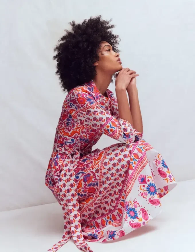 Ava Cotton Midi Dress Pink Flourishing Meadow Border Ava Cotton Midi Dress Pink Flourishing Meadow Border
