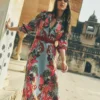 Ava Linen Blend Midi Dress Blue Tropical Safari Placement Ava Linen Blend Midi Dress Blue Tropical Safari Placement