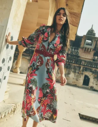 Ava Linen Blend Midi Dress Blue Tropical Safari Placement