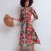 Ava Linen Blend Midi Dress Blue Tropical Safari Placement Ava Linen Blend Midi Dress Blue Tropical Safari Placement