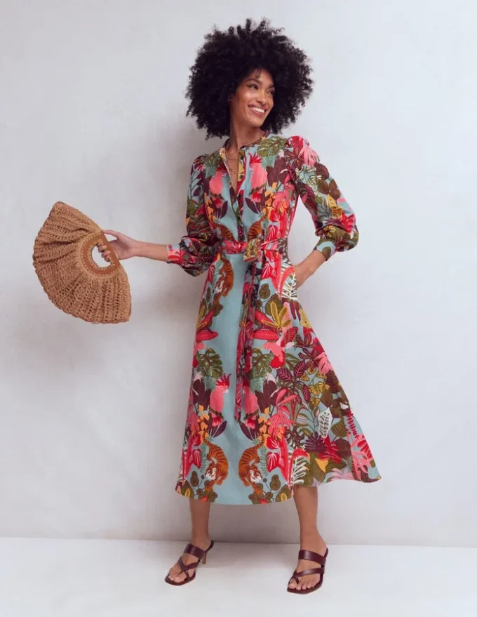 Ava Linen Blend Midi Dress Blue Tropical Safari Placement Ava Linen Blend Midi Dress Blue Tropical Safari Placement