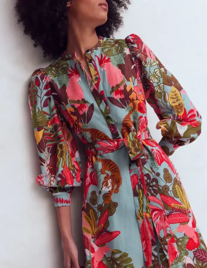 Ava Linen Blend Midi Dress Blue Tropical Safari Placement Ava Linen Blend Midi Dress Blue Tropical Safari Placement