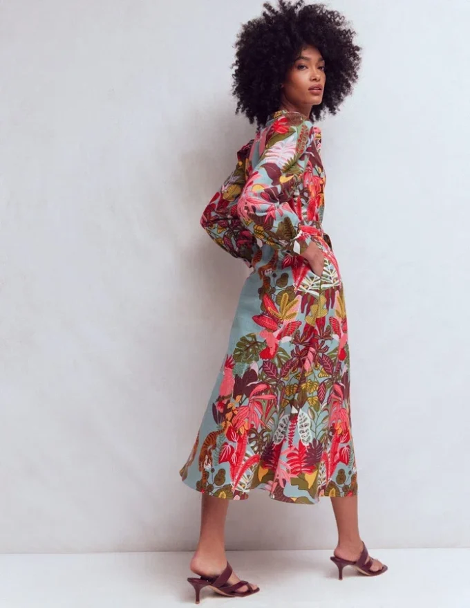 Ava Linen Blend Midi Dress Blue Tropical Safari Placement Ava Linen Blend Midi Dress Blue Tropical Safari Placement