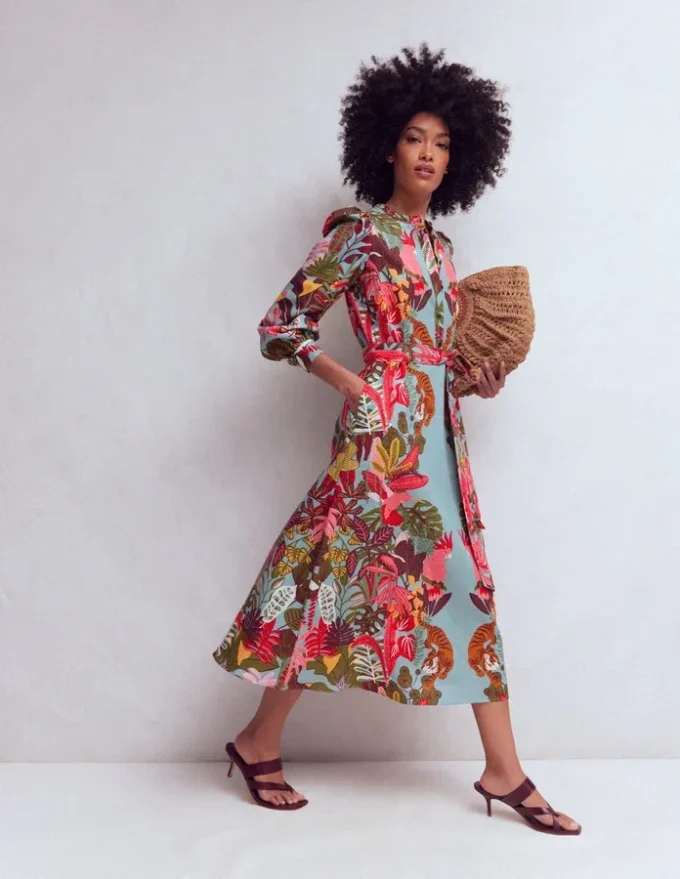 Ava Linen Blend Midi Dress Blue Tropical Safari Placement Ava Linen Blend Midi Dress Blue Tropical Safari Placement