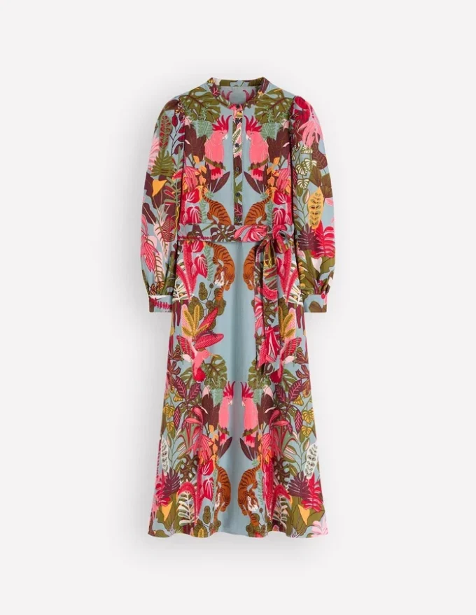 Ava Linen Blend Midi Dress Blue Tropical Safari Placement Ava Linen Blend Midi Dress Blue Tropical Safari Placement
